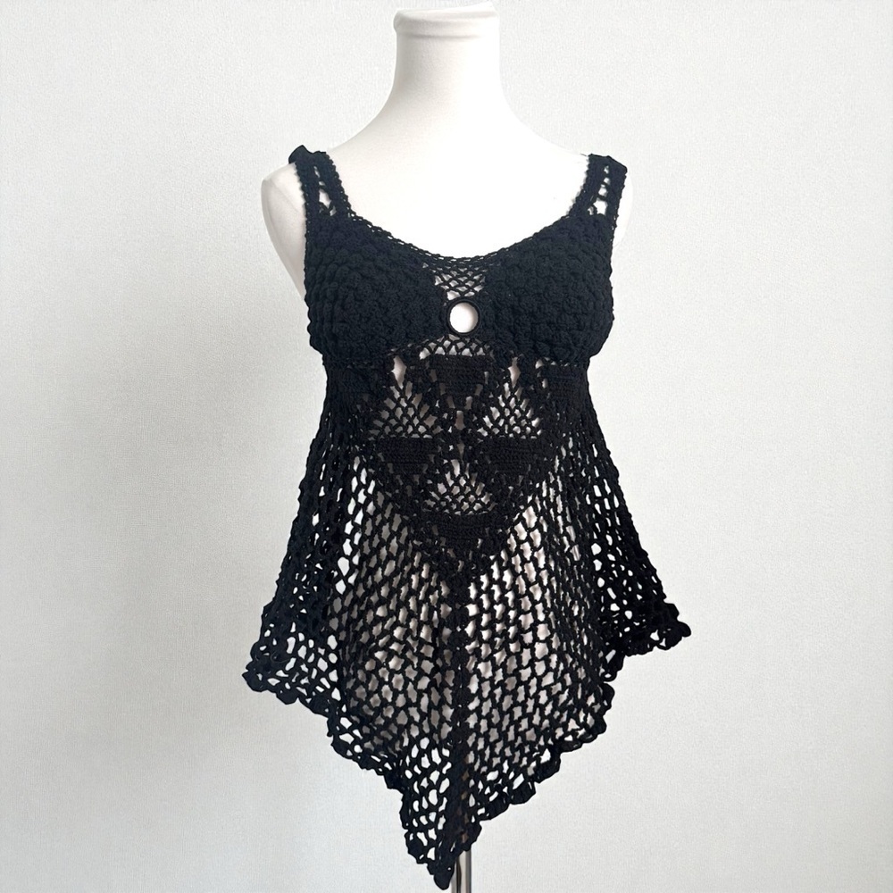 Crochet Whimsigoth Lace Tank Top – Black Hand-Knit Boho Mesh Fairycore S/M